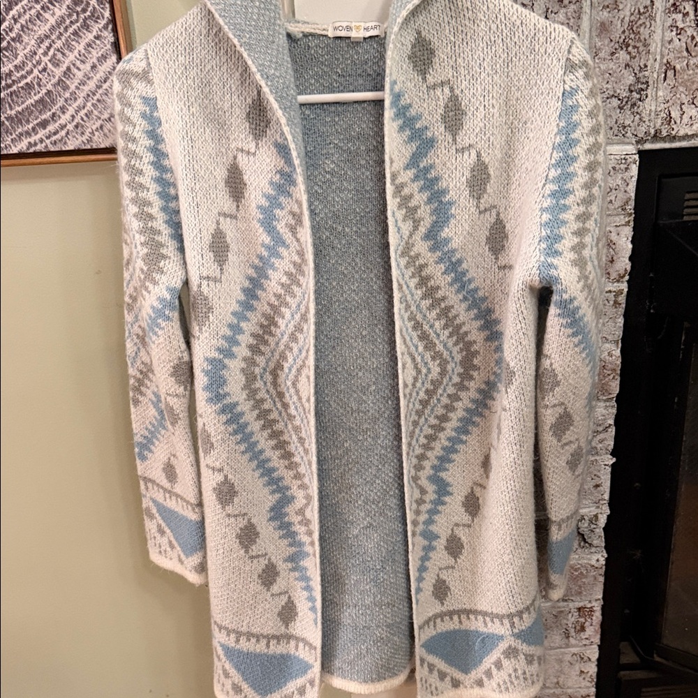 Woven Heart Hooded Cardigan Aztec Open Front Cozy Knit Boho XS